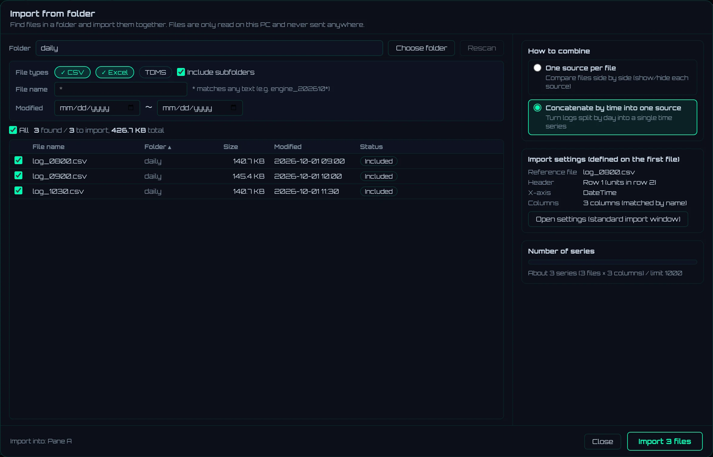 The Import from folder screen (three logs found, Concatenate by time into one source selected)