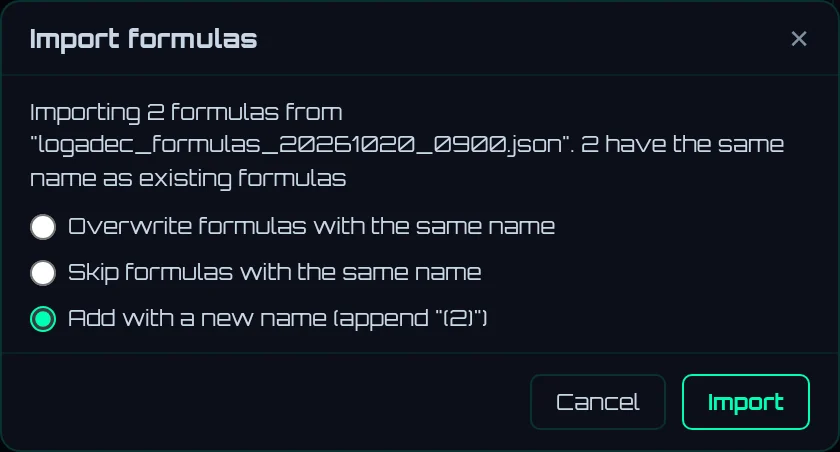 Importing a file containing two formulas with existing names