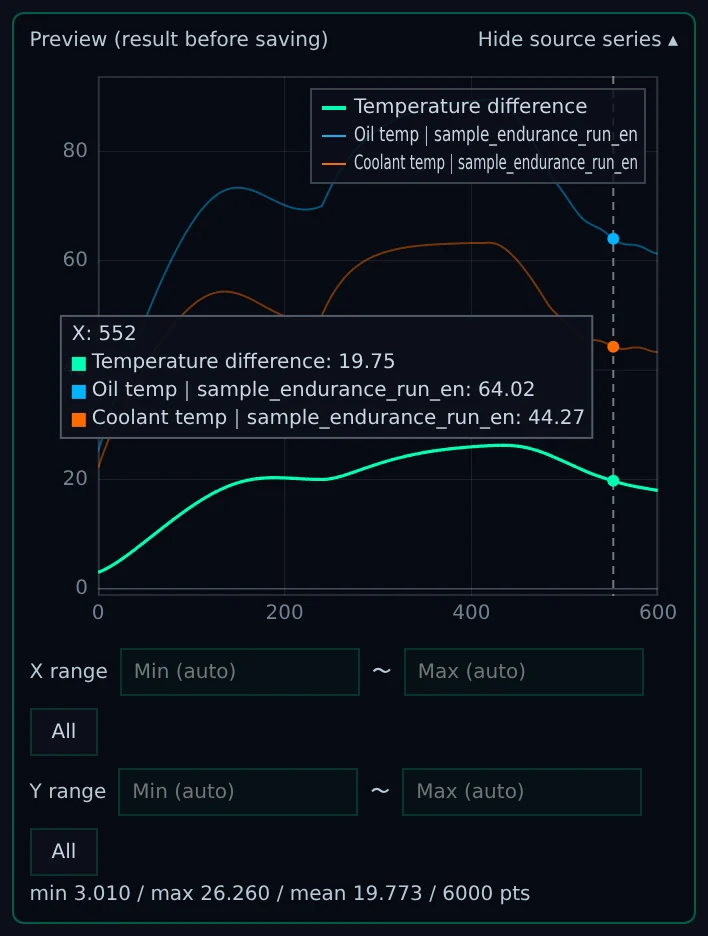 The preview (Temperature difference = Oil temp − Coolant temp, with the source series overlaid, reading the value at 552 s)