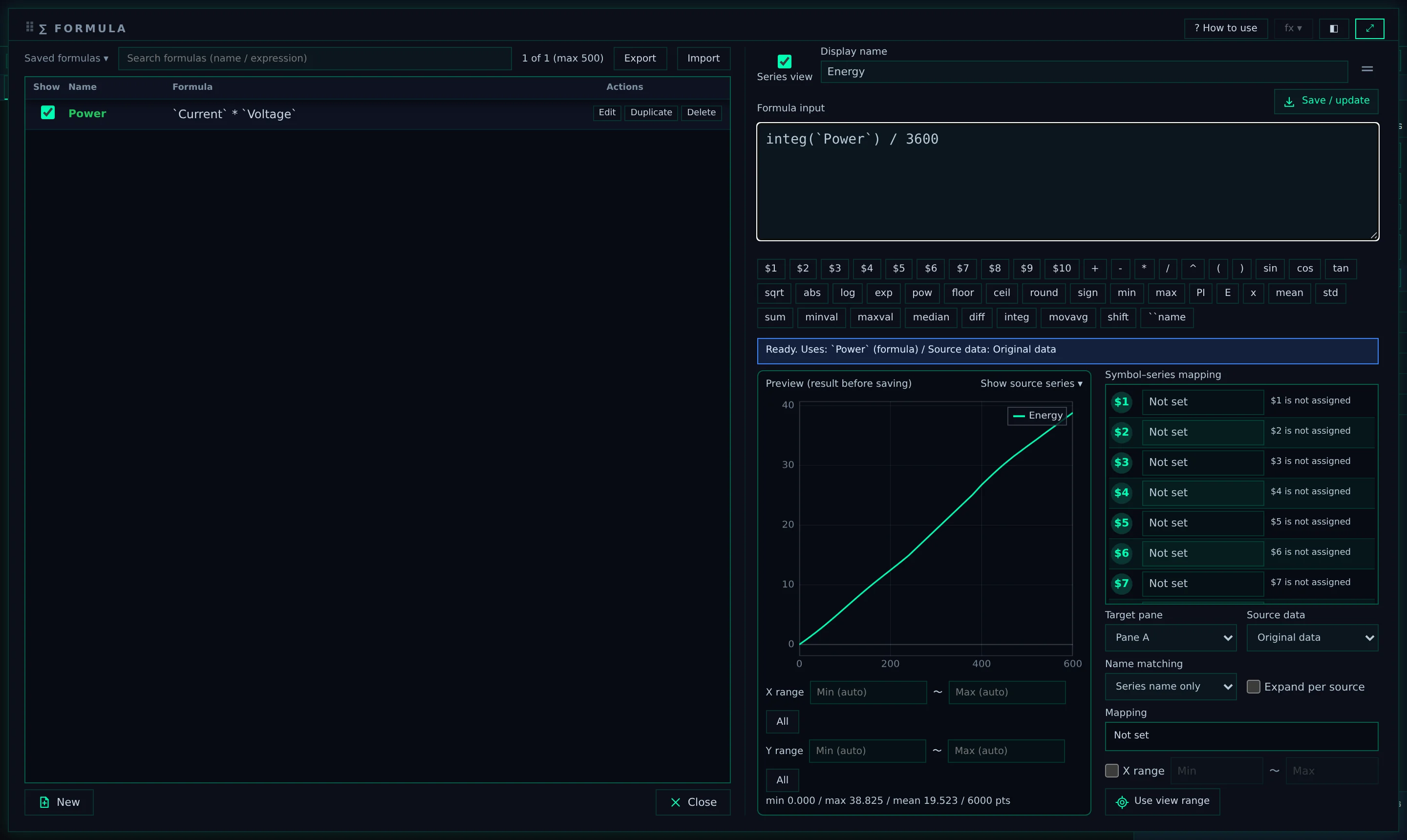 The formula screen ("Power" saved, "Energy" being entered)