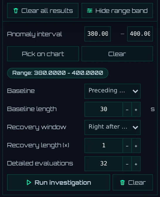 The Known event investigation card (abnormal interval 380–400 seconds)