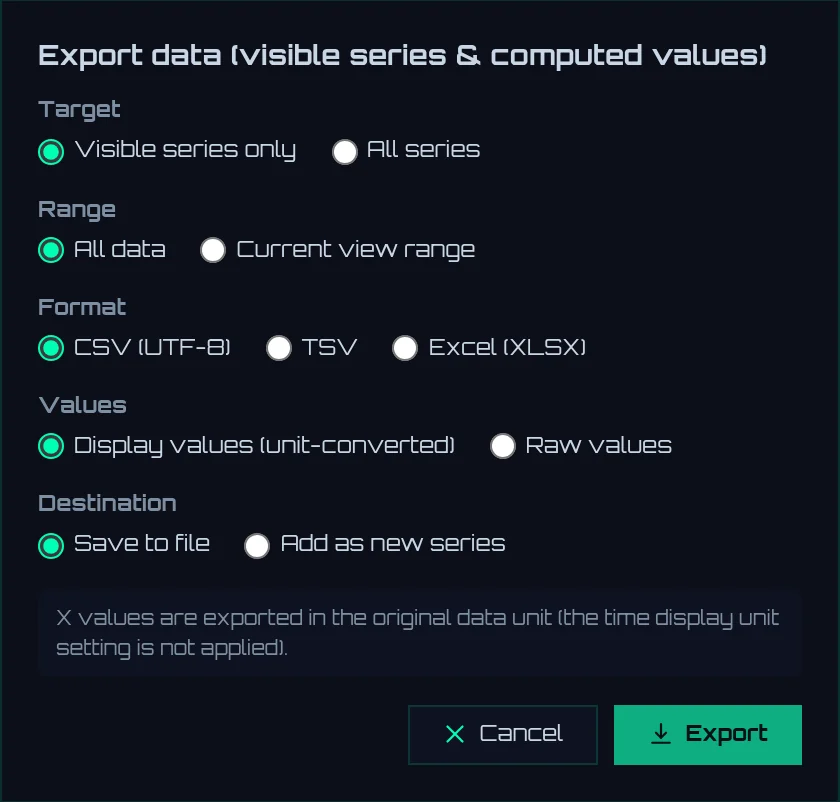 The data export screen