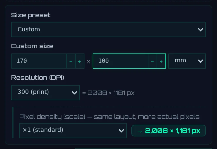 Setting the printed dimensions (170 × 100 mm, 300 DPI)