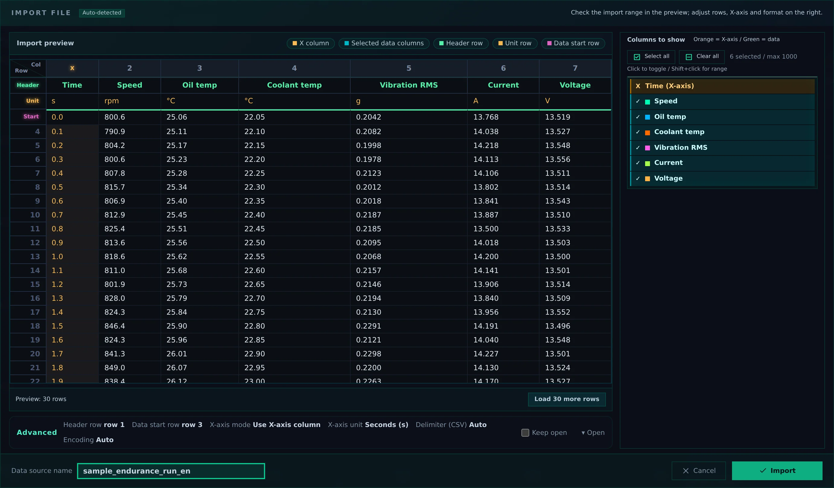 The import screen