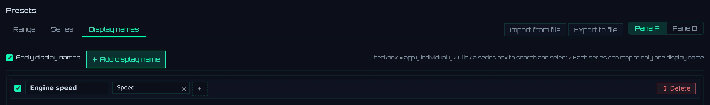 The Display names tab (showing Speed as "Engine speed")