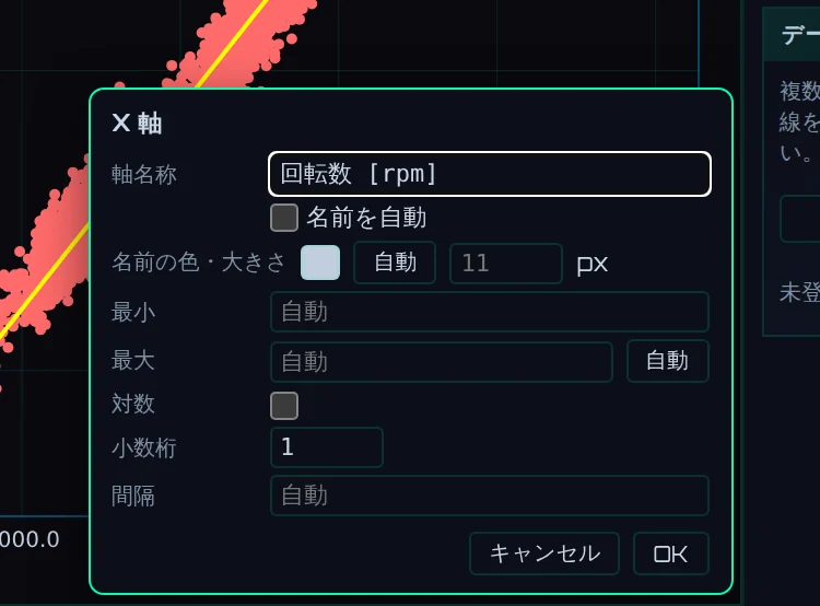 X軸の設定の窓（軸の名前に「回転数 [rpm]」を入れたところ）